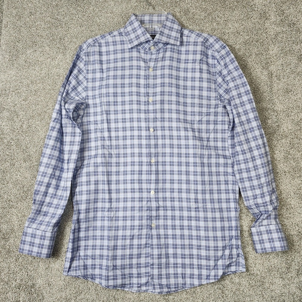 Hugo Boss Shirt Mens 15.5 Medium Blue White Plaid Sharp Fit Easy Iron Dress